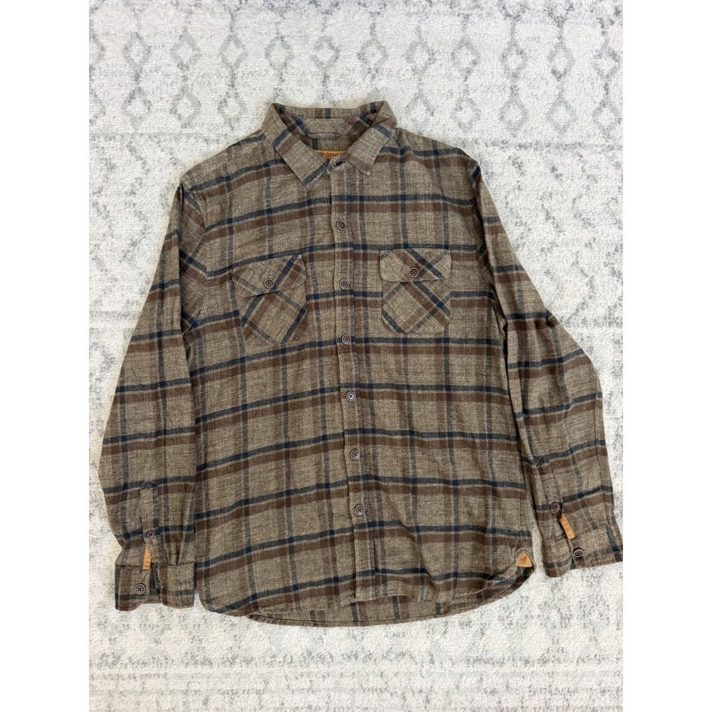 Nifty Genius Mens L Plaid Flannel Shirt Brown Blue 100% Cotton Button Up